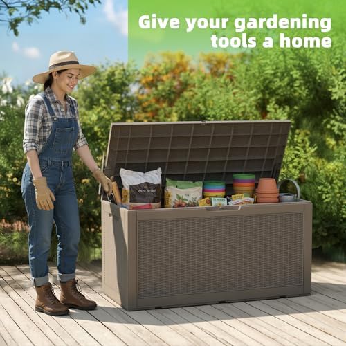 easyup 120 gallon outdoor storage box waterproof, uv shown in use