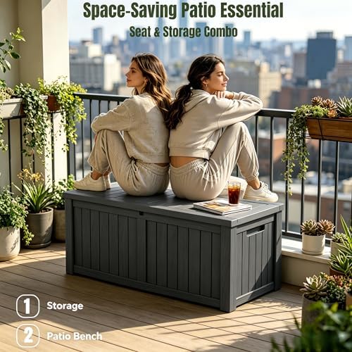 makino 151 gallon large resin outdoor storage box showing dimensions