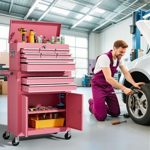 10-drawer rolling tool chest with wheels, lockable 2-in-1 shown in use