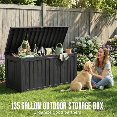 drato 135 gallon deck boxes outdoor waterproof storage shown in use