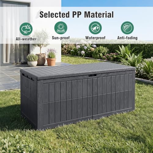 tangkula 180 gallon outdoor storage box with lockable showing dimensions