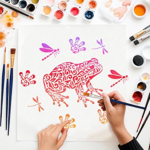 MAYJOYDIY Mandala Frog Dragonfly Stencil Floral Frog Paw Prints Template 11.8x11.8inch Reptile Animal Stencils with Paint Brush Animal Theme Decoration Templates for Wood Wall Window DIY Craft