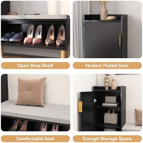 storage bench with fluted door&shelf, l-shaped entryway bench, front angle view