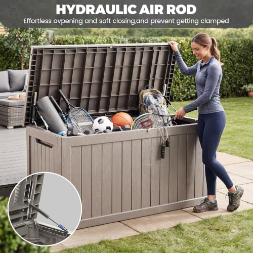 320 gallon outdoor storage box waterproof, lockable resin showing dimensions