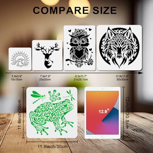 MAYJOYDIY Mandala Frog Dragonfly Stencil Floral Frog Paw Prints Template 11.8x11.8inch Reptile Animal Stencils with Paint Brush Animal Theme Decoration Templates for Wood Wall Window DIY Craft