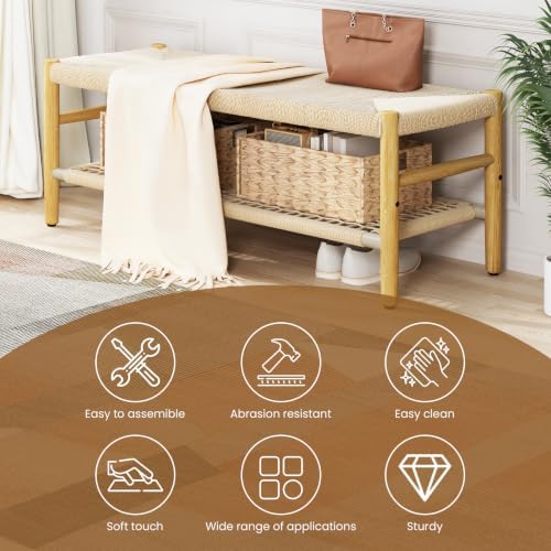recaceik indoor entryway bench with paper cord ottoman, side view