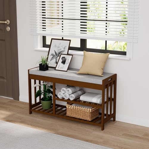 bamboo shoe storage bench with cushioned seat 3-tier showing dimensions