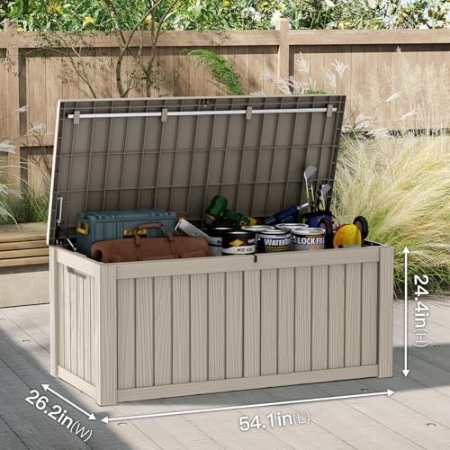 mars villa 120 gallon deck box, outdoor storage shown in use