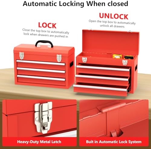 3 drawer metal tool box, portable metal tool, close-up detail