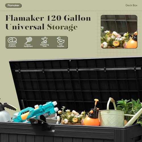 flamaker internal 120 gallon deck box waterproof, large showing dimensions