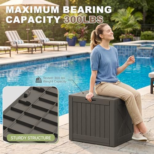 greesum 40 gallon resin deck box, outdoor storage showing dimensions
