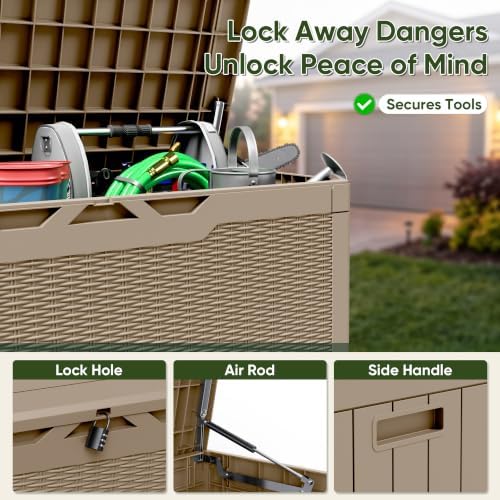 flamaker outdoor storage box 100 gallon waterproof resin shown in use