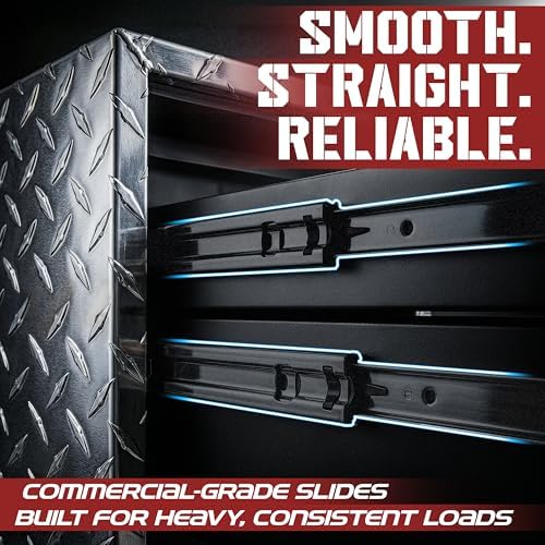 truck bed tool box with 5-drawer slides |, front angle view