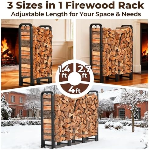 amagabeli 4ft firewood rack stand adjustable indoor outdoor, side view