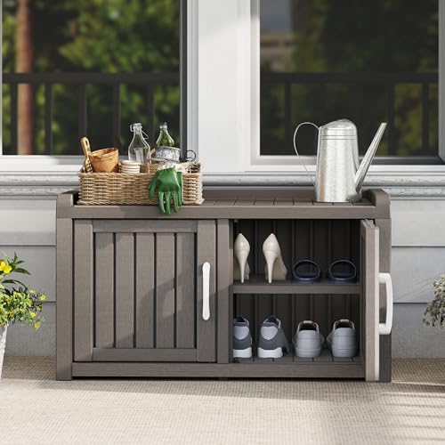 2-tier storage bench, waterproof uv-resistant outdoor shoe storage shown in use