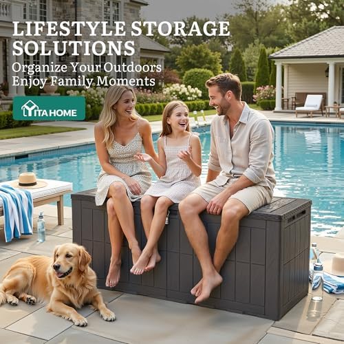 yitahome 134 gallon large outdoor storage box with showing dimensions