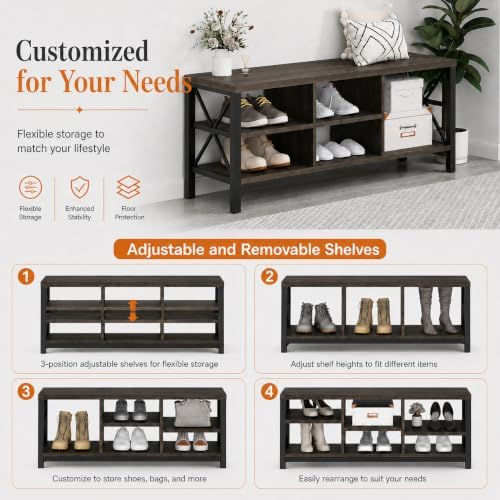 fatorri industrial shoe bench with storage, rustic entryway showing dimensions