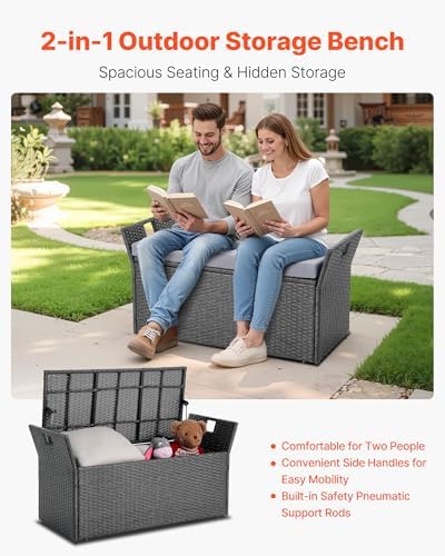 vevor outdoor storage bench, 2-person pe rattan storage, side view