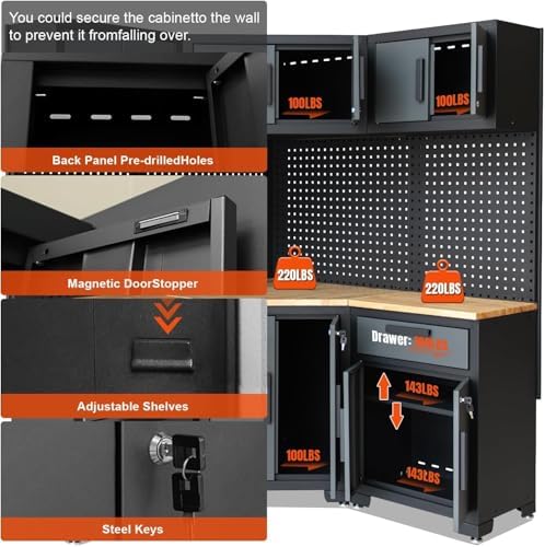 8-pcs garage storage cabinet system, black and grey showing dimensions