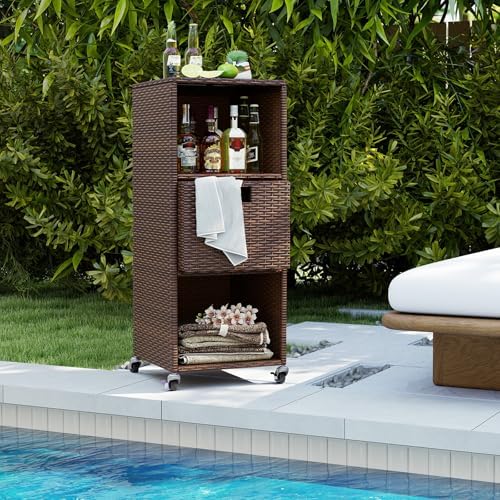 tangkula rattan outdoor storage cabinet with 4 wheels shown in use