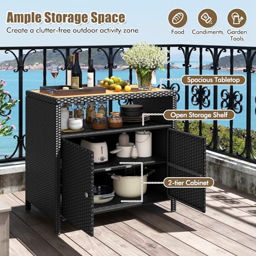happygrill outdoor rattan storage cabinet, patio sideboard buffet showing dimensions