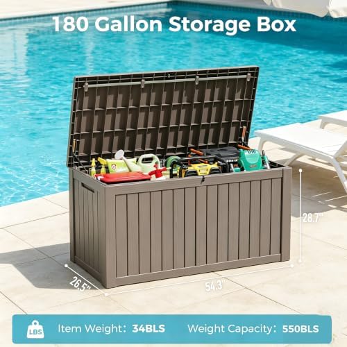 resin outdoor deck storage box waterproof (grey, 180 shown in use