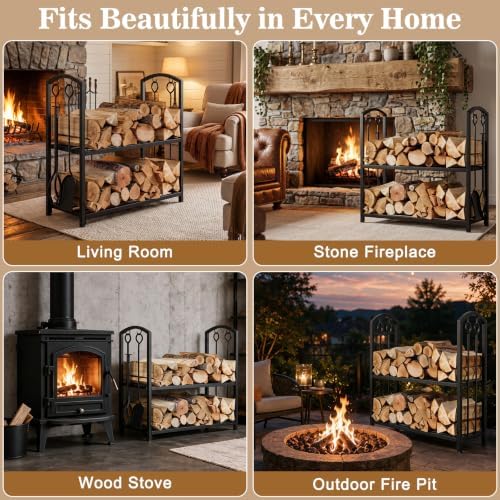 feed garden firewood rack with 4-piece fireplace tools, front angle view