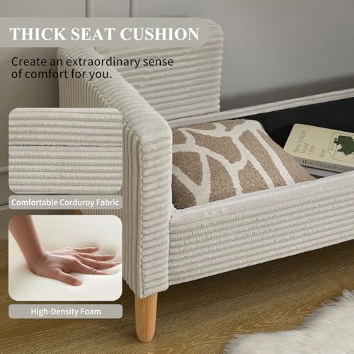 nioiikit 65" corduroy upholstered storage ottoman bench with showing dimensions