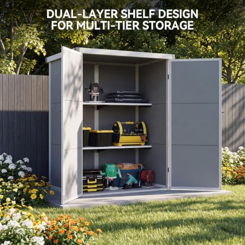 aoxun 55 cuft outdoor tall storage shed, 5×3×7ft on a desk or shelf