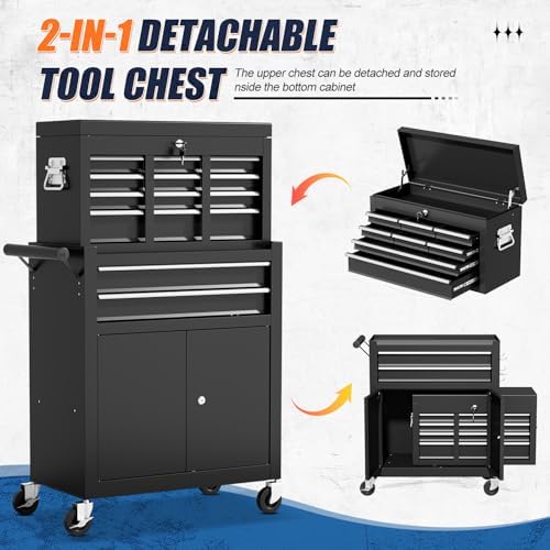 10-drawer rolling tool chest with wheels, lockable 2-in-1, side view