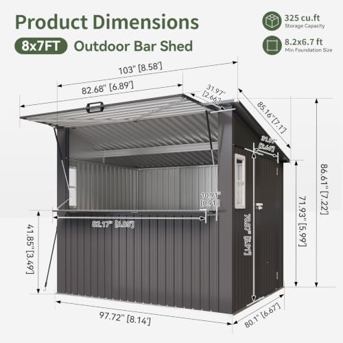 aoxun 8x7 ft outdoor bar shed with canopy shown in use