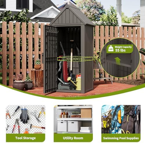 outdoor storage shed – sturdy resin with sloping showing dimensions