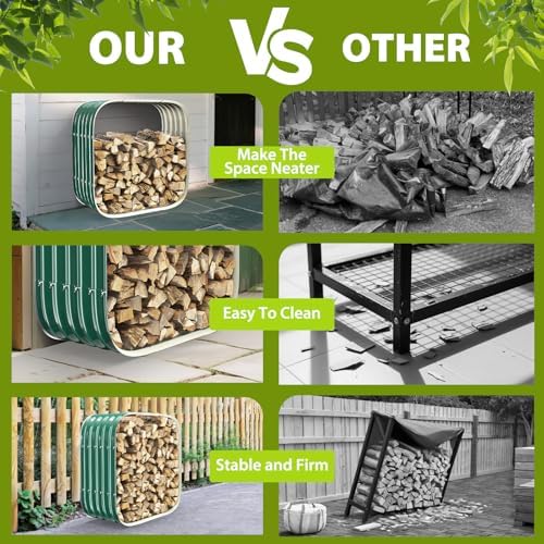 27.5 x 27.5 inch square green firewood rack,log, close-up detail