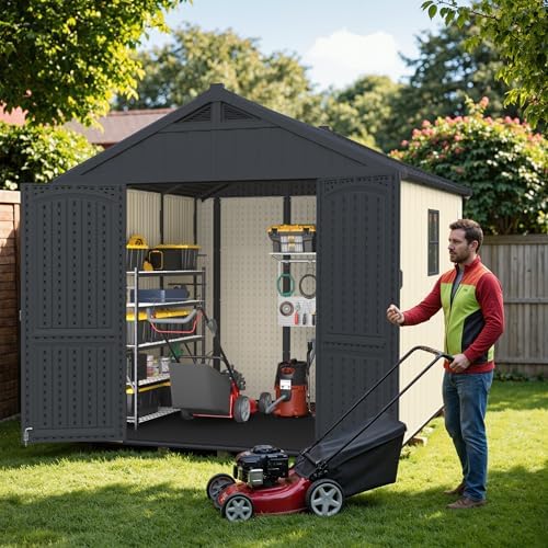 greesum 8x8ft plastic outdoor storage shed with floor on a desk or shelf