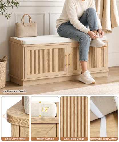 akxomel 39.4" fluted shoe storage bench 2 doors, front angle view