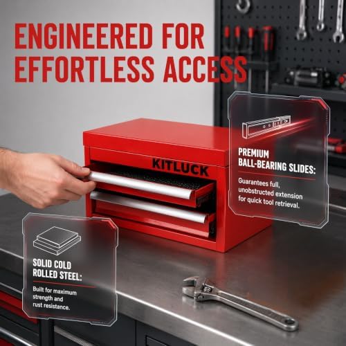 kitluck mini metal tool box, 2-drawer top chest, close-up detail