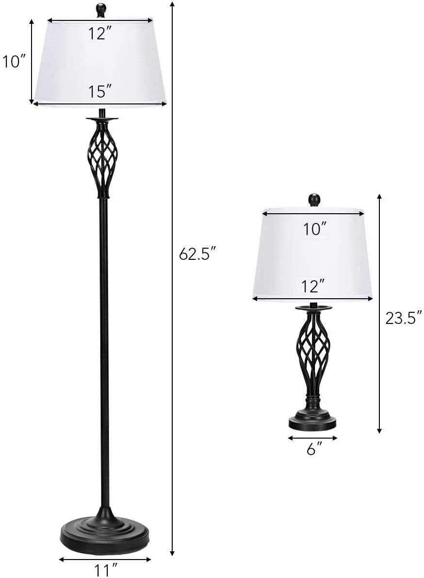 Tangkula Lamp Set 3-Piece Modern Home Living Room Bedroom Antique Bronze Finish Lamps, Floor Lamp and Table Lamps Set with Soft Pleated White Fabric Shades (Antique Bronze)