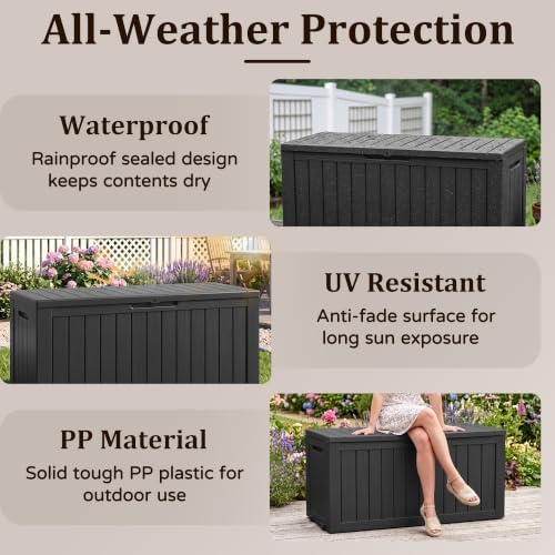 outdoor storage box,140 gallon lockable deck box with shown in use