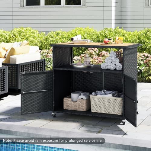 happygrill outdoor storage cabinet with wheels, pe rattan, side view