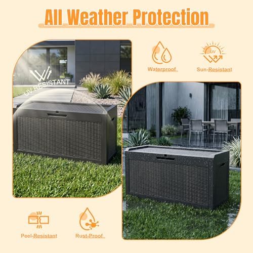 outdoor storage box,100 gallon waterproof resin patio deck shown in use