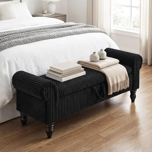 55" corduroy storage ottoman bench, queen bed, black on a desk or shelf