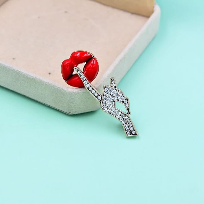 Sexy Red Lips Brooch Rhinestone Quiet Gestures Statement Brooches Lapel Pins - Image 5