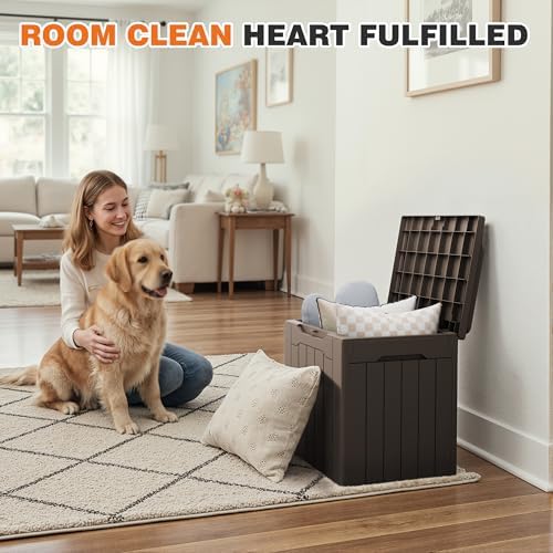 32 gallon deck box outdoor indoor waterproof storage shown in use