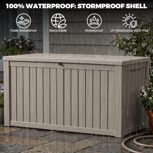 outdoor storage box, 180 gallon waterproof deck box showing dimensions