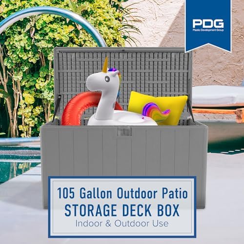 plastic development group outdoor deck box, soft close, side view