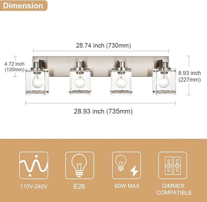 WINSHEN 4-Lights Bathroom Vanity Light Fixtures in Brushed Nickel, E26 Socket - Image 6