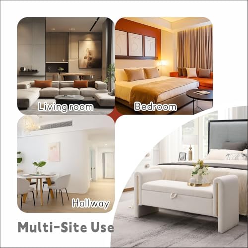 52" upholstered storage bench, white, armrests, wood frame, package contents