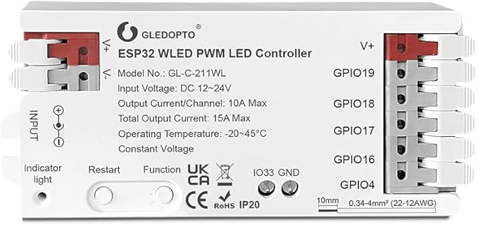 ESP32 PWM WLED LED Controller 5 Modes in 1 DC 12-24V WiFi Wireless App Control by GledoptoSmartHome