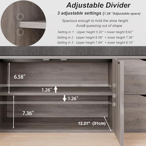 lvb 2-tier storage bench with padded cushion, entryway showing dimensions