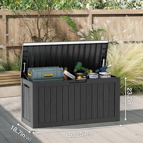 mars villa deck box, outdoor storage box waterproof shown in use